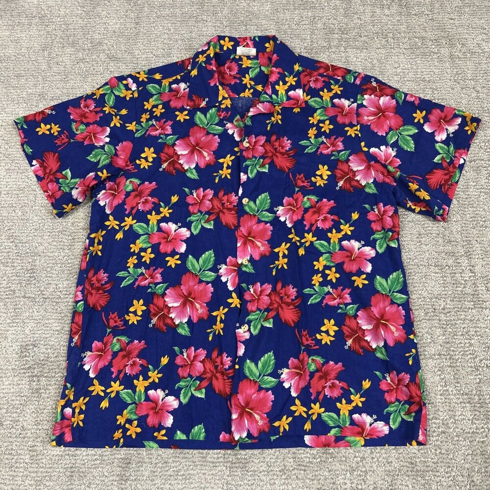 Aloha Republic Shirt Mens XL Blue Pink Floral Hawaiian Button Up Made Hawaii USA